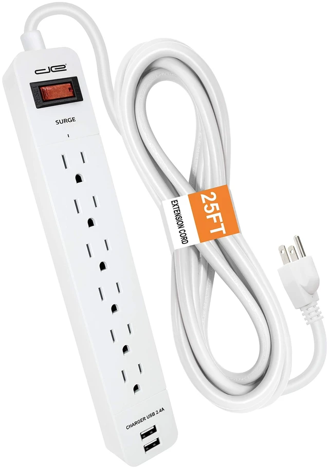 Main image of 6-Outlet + 2 USB 1050 Joule Surge Protector Power Strip with 25-Ft Long Extension Cord, White, UL Listed