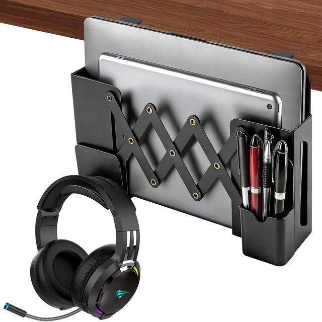 Main image of Desk Side StorageUnder Desk Clamp-on Vertical Laptop Holder,7-17 Inch Length Adjustable with Pen & Headphone Holder,No Drill Storage Shelf for DeskFits Table Edge 0.4" to 2.3"(Black)