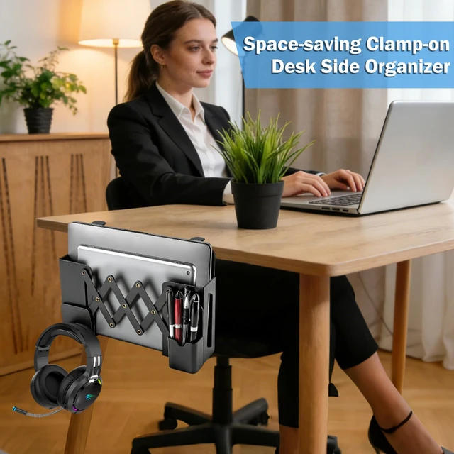 Alt view image 3 of 7 - Desk Side StorageUnder Desk Clamp-on Vertical Laptop Holder,7-17 Inch Length Adjustable with Pen & Headphone Holder,No Drill Storage Shelf for DeskFits Table Edge 0.4" to 2.3"(Black)
