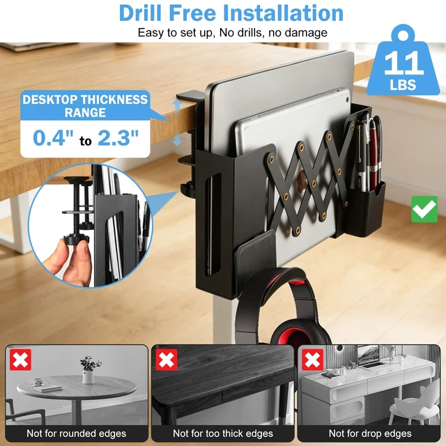 Alt view image 4 of 7 - Desk Side StorageUnder Desk Clamp-on Vertical Laptop Holder,7-17 Inch Length Adjustable with Pen & Headphone Holder,No Drill Storage Shelf for DeskFits Table Edge 0.4" to 2.3"(Black)