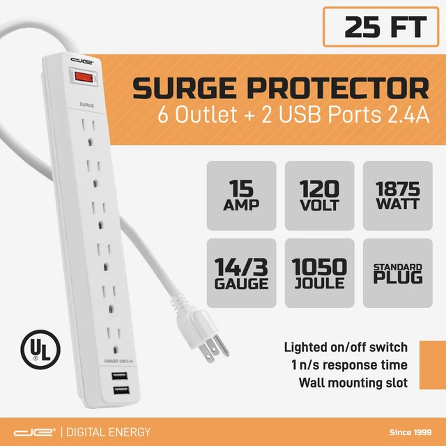 Alt view image 4 of 4 - 6-Outlet + 2 USB 1050 Joule Surge Protector Power Strip with 25-Ft Long Extension Cord, White, UL Listed