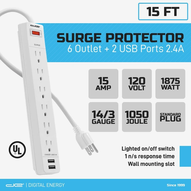 Alt view image 4 of 4 - 6-Outlet + 2 USB 1050 Joule Surge Protector Power Strip with 15-Ft Long Extension Cord, White, UL Listed