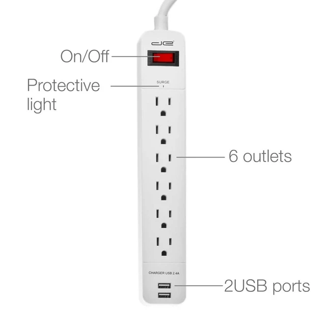 Alt view image 2 of 4 - 6-Outlet + 2 USB 1050 Joule Surge Protector Power Strip with 25-Ft Long Extension Cord, White, UL Listed