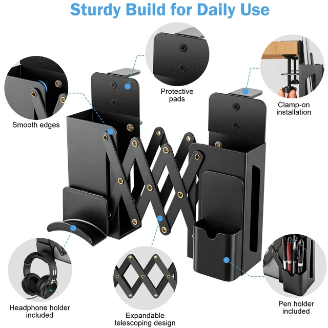 Alt view image 5 of 7 - Desk Side StorageUnder Desk Clamp-on Vertical Laptop Holder,7-17 Inch Length Adjustable with Pen & Headphone Holder,No Drill Storage Shelf for DeskFits Table Edge 0.4" to 2.3"(Black)