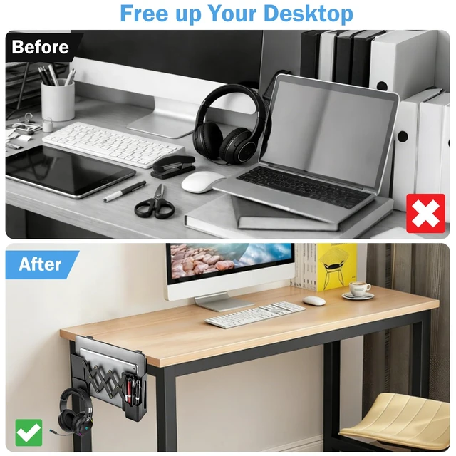 Alt view image 6 of 7 - Desk Side StorageUnder Desk Clamp-on Vertical Laptop Holder,7-17 Inch Length Adjustable with Pen & Headphone Holder,No Drill Storage Shelf for DeskFits Table Edge 0.4" to 2.3"(Black)