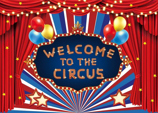 Alt view image 2 of 7 - Circus Carnival Backdrop Welcome to The Circus Red Curtain Glitter Stars Birthday Party Photography Background Newborn Baby Shower Carnival Theme Birthday Party Cake Table Decoration (8x6FT)