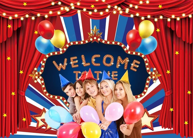 Alt view image 3 of 7 - Circus Carnival Backdrop Welcome to The Circus Red Curtain Glitter Stars Birthday Party Photography Background Newborn Baby Shower Carnival Theme Birthday Party Cake Table Decoration (8x6FT)