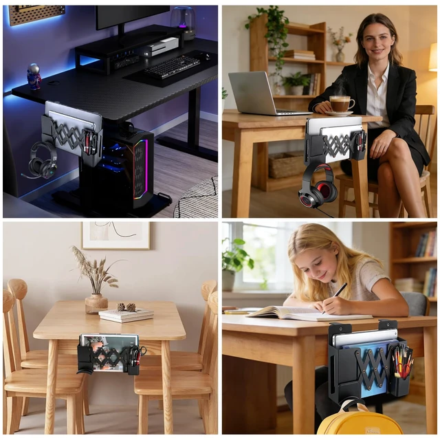Alt view image 7 of 7 - Desk Side StorageUnder Desk Clamp-on Vertical Laptop Holder,7-17 Inch Length Adjustable with Pen & Headphone Holder,No Drill Storage Shelf for DeskFits Table Edge 0.4" to 2.3"(Black)