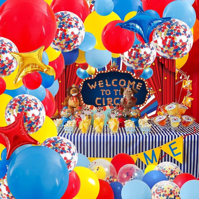 Alt view image 4 of 7 - Circus Carnival Backdrop Welcome to The Circus Red Curtain Glitter Stars Birthday Party Photography Background Newborn Baby Shower Carnival Theme Birthday Party Cake Table Decoration (8x6FT)