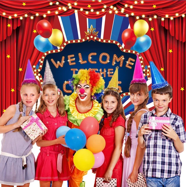 Alt view image 5 of 7 - Circus Carnival Backdrop Welcome to The Circus Red Curtain Glitter Stars Birthday Party Photography Background Newborn Baby Shower Carnival Theme Birthday Party Cake Table Decoration (8x6FT)