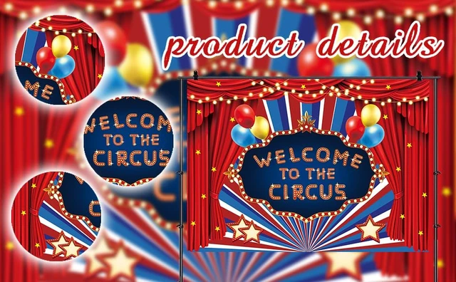 Alt view image 7 of 7 - Circus Carnival Backdrop Welcome to The Circus Red Curtain Glitter Stars Birthday Party Photography Background Newborn Baby Shower Carnival Theme Birthday Party Cake Table Decoration (8x6FT)