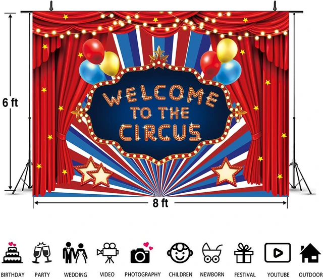 Alt view image 6 of 7 - Circus Carnival Backdrop Welcome to The Circus Red Curtain Glitter Stars Birthday Party Photography Background Newborn Baby Shower Carnival Theme Birthday Party Cake Table Decoration (8x6FT)
