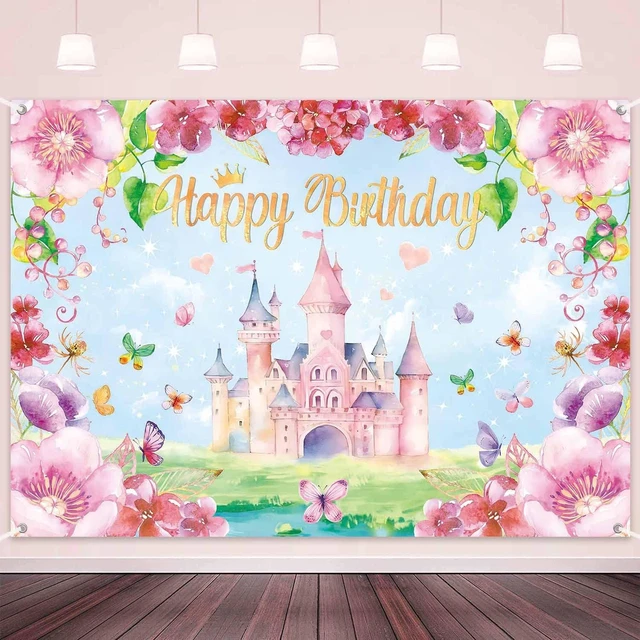 Main image of Princess Happy Birthday Backdrop Banner Pink Princess Castle Birthday Party Decorations Supplies for Girls Butterfly Flower Castle Theme Photography Background Wall Decor 71x45 Inch