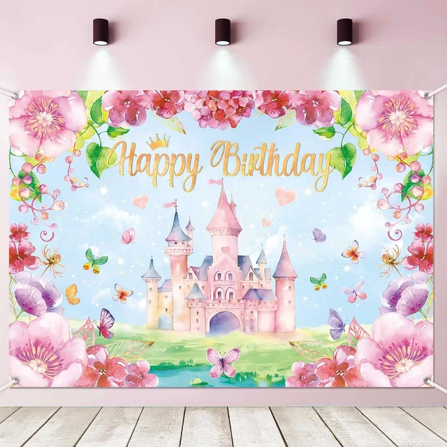 Alt view image 2 of 7 - Princess Happy Birthday Backdrop Banner Pink Princess Castle Birthday Party Decorations Supplies for Girls Butterfly Flower Castle Theme Photography Background Wall Decor 71x45 Inch