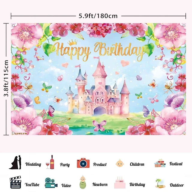 Alt view image 3 of 7 - Princess Happy Birthday Backdrop Banner Pink Princess Castle Birthday Party Decorations Supplies for Girls Butterfly Flower Castle Theme Photography Background Wall Decor 71x45 Inch