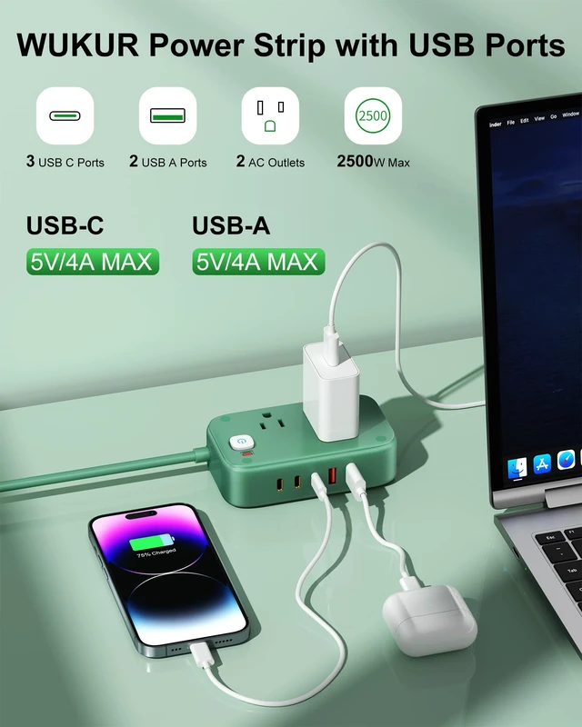 Alt view image 2 of 7 - Flat Plug Power Strip with USB C Ports with 2 AC Outlets, Non Surge 40W Desktop Charging Station for Multiple Devices, 5FT Cruise Approved Power Strip for Home, Dorm, Desk, Travel Essentials
