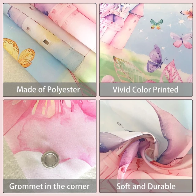 Alt view image 4 of 7 - Princess Happy Birthday Backdrop Banner Pink Princess Castle Birthday Party Decorations Supplies for Girls Butterfly Flower Castle Theme Photography Background Wall Decor 71x45 Inch