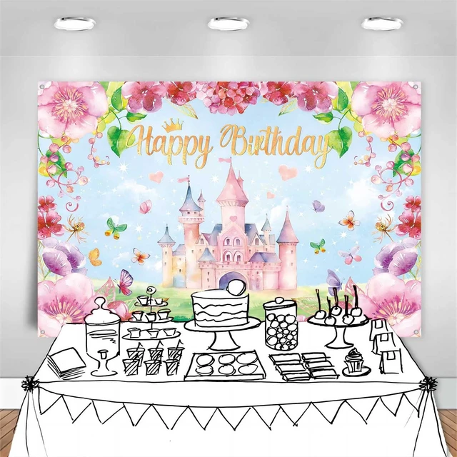 Alt view image 6 of 7 - Princess Happy Birthday Backdrop Banner Pink Princess Castle Birthday Party Decorations Supplies for Girls Butterfly Flower Castle Theme Photography Background Wall Decor 71x45 Inch