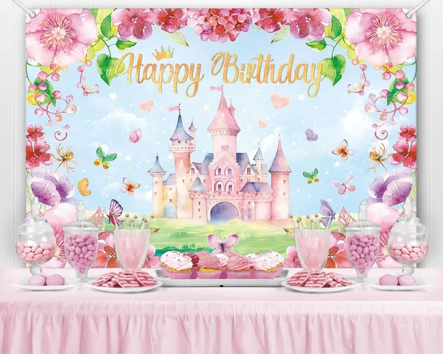 Alt view image 5 of 7 - Princess Happy Birthday Backdrop Banner Pink Princess Castle Birthday Party Decorations Supplies for Girls Butterfly Flower Castle Theme Photography Background Wall Decor 71x45 Inch