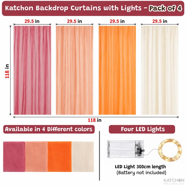 Alt view image 2 of 7 - 118x29.5 Inch Tulle Backdrop Curtain with Lights - Pack of 4 Wedding Decorations for Reception Curtains with Lights String for Birthday Party, Wedding Decorations,Baby Shower Backdrop