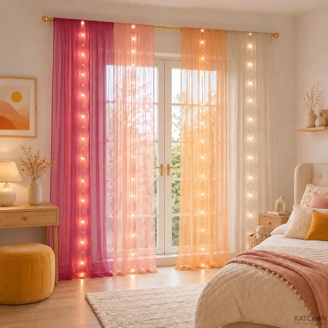 Alt view image 3 of 7 - 118x29.5 Inch Tulle Backdrop Curtain with Lights - Pack of 4 Wedding Decorations for Reception Curtains with Lights String for Birthday Party, Wedding Decorations,Baby Shower Backdrop