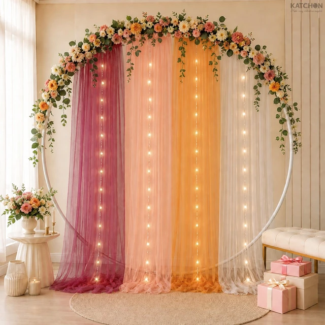 Alt view image 6 of 7 - 118x29.5 Inch Tulle Backdrop Curtain with Lights - Pack of 4 Wedding Decorations for Reception Curtains with Lights String for Birthday Party, Wedding Decorations,Baby Shower Backdrop