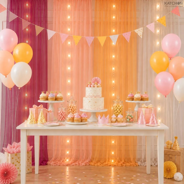 Alt view image 7 of 7 - 118x29.5 Inch Tulle Backdrop Curtain with Lights - Pack of 4 Wedding Decorations for Reception Curtains with Lights String for Birthday Party, Wedding Decorations,Baby Shower Backdrop