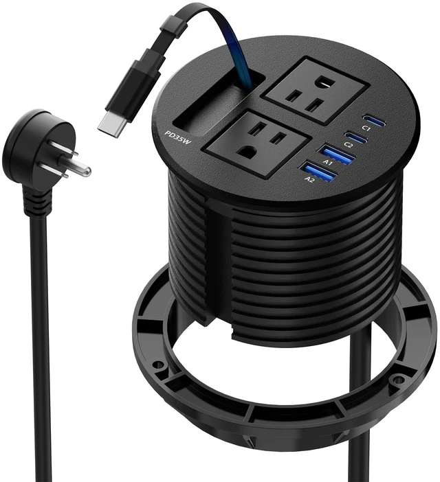 Main image of 3 1/4" Desk Power Grommet with USB C Retractable Cable, PD 35W Fast Charging, 18W USB A, 2 AC Outlets, Flush Mount Recessed Power Strip for Desktop, Office Tables, Furniture, 6FT Cord