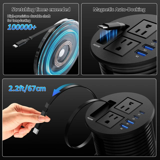 Alt view image 3 of 7 - 3 1/4" Desk Power Grommet with USB C Retractable Cable, PD 35W Fast Charging, 18W USB A, 2 AC Outlets, Flush Mount Recessed Power Strip for Desktop, Office Tables, Furniture, 6FT Cord