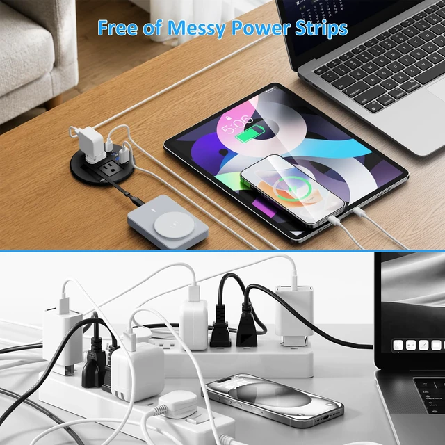Alt view image 4 of 7 - 3 1/4" Desk Power Grommet with USB C Retractable Cable, PD 35W Fast Charging, 18W USB A, 2 AC Outlets, Flush Mount Recessed Power Strip for Desktop, Office Tables, Furniture, 6FT Cord