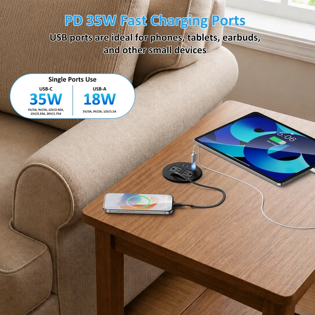 Alt view image 5 of 7 - 3 1/4" Desk Power Grommet with USB C Retractable Cable, PD 35W Fast Charging, 18W USB A, 2 AC Outlets, Flush Mount Recessed Power Strip for Desktop, Office Tables, Furniture, 6FT Cord