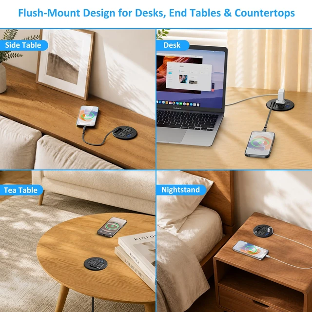 Alt view image 6 of 7 - 3 1/4" Desk Power Grommet with USB C Retractable Cable, PD 35W Fast Charging, 18W USB A, 2 AC Outlets, Flush Mount Recessed Power Strip for Desktop, Office Tables, Furniture, 6FT Cord