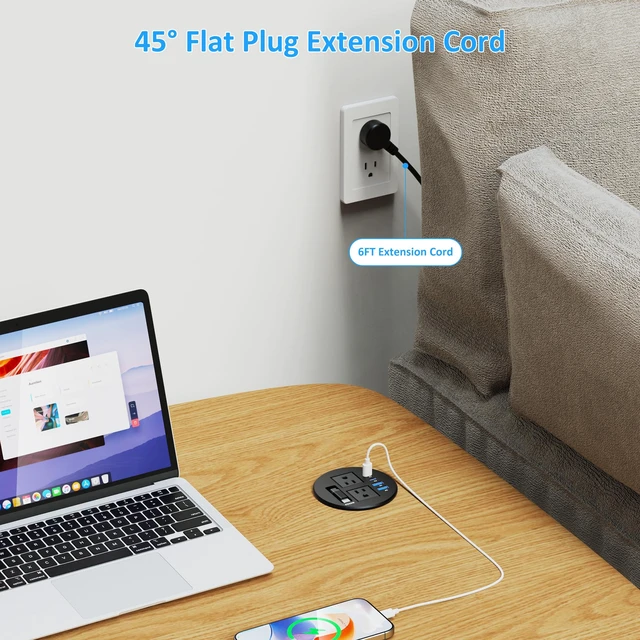 Alt view image 7 of 7 - 3 1/4" Desk Power Grommet with USB C Retractable Cable, PD 35W Fast Charging, 18W USB A, 2 AC Outlets, Flush Mount Recessed Power Strip for Desktop, Office Tables, Furniture, 6FT Cord