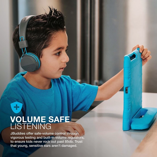 Alt view image 3 of 6 - JBuddies Studio 2-in-1 Wireless + Wired On-Ear Kids Headphones with Mic, Graphite/Blue