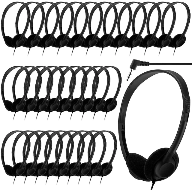 Main image of 30 Pack Bulk Over Ear Headphones Set On Ear Headsets Black Earphones with Adjustable Headband & 3.5mm Plug for Group Learning, Computer Lab, Library, Online Lesson and Testing