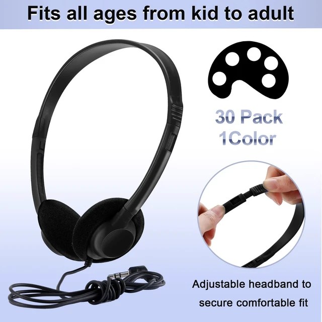 Alt view image 2 of 7 - 30 Pack Bulk Over Ear Headphones Set On Ear Headsets Black Earphones with Adjustable Headband & 3.5mm Plug for Group Learning, Computer Lab, Library, Online Lesson and Testing