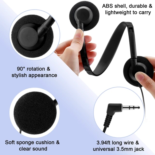 Alt view image 3 of 7 - 30 Pack Bulk Over Ear Headphones Set On Ear Headsets Black Earphones with Adjustable Headband & 3.5mm Plug for Group Learning, Computer Lab, Library, Online Lesson and Testing