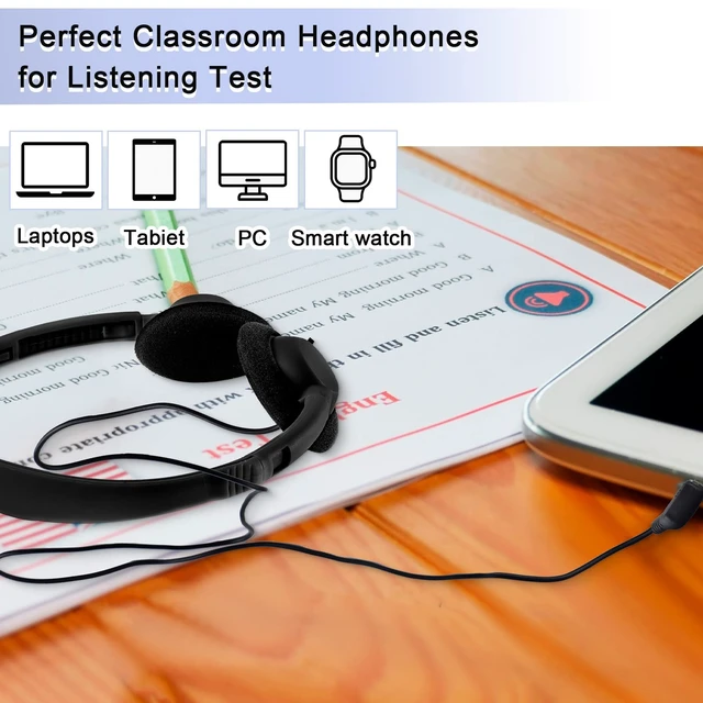 Alt view image 4 of 7 - 30 Pack Bulk Over Ear Headphones Set On Ear Headsets Black Earphones with Adjustable Headband & 3.5mm Plug for Group Learning, Computer Lab, Library, Online Lesson and Testing