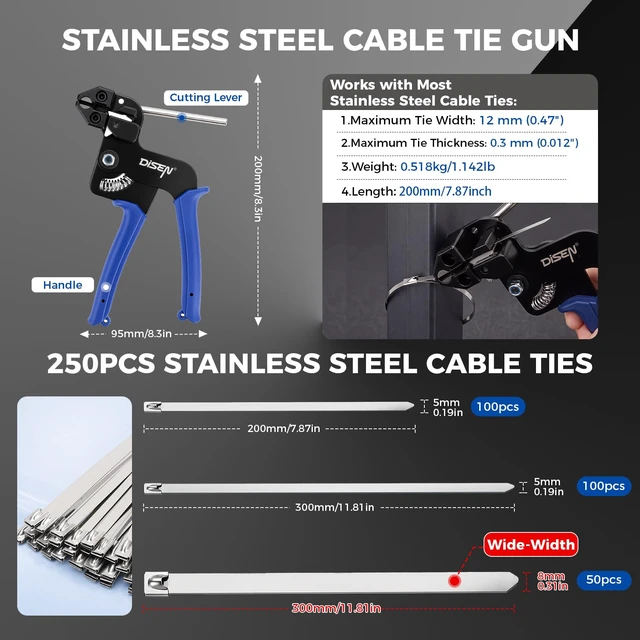 Alt view image 2 of 7 - Heavy Duty Stainless Steel Cable Tie Gun Kit with 250 Metal Zip Ties UV Corrosion Resistant Zip Ties (3 Sizes), Zip Tie Gun Gun, Cutter & Organizer, for Fence Exhaust Pipe Chicken Coop Farm Use