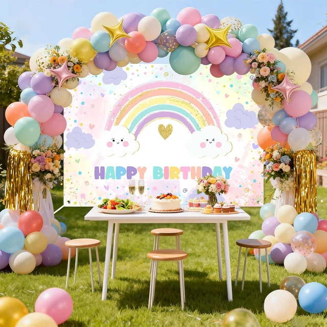 Alt view image 6 of 7 - Rainbow Birthday Backdrop for Girls Pastel Rainbow Happy Birthday Party Decorations Banner Colorful Sprinkled Dots Girl's Happy Bday Backdrop (7x5ft)
