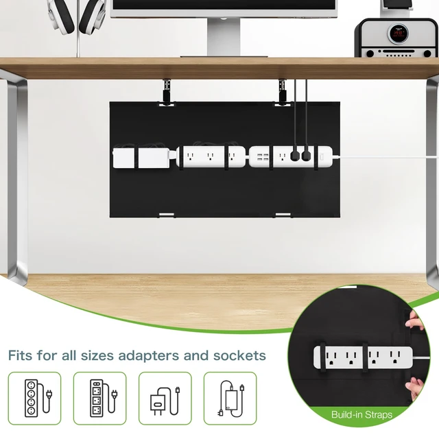 Alt view image 3 of 7 - No Drill Under Desk Cable Organizer, 30 inch Cord Management Adjustable Clamp/Screw Mount, Excellent Oxford Cloth Cable Tray for Power Strips, Cord Hiders for Home Office, Black