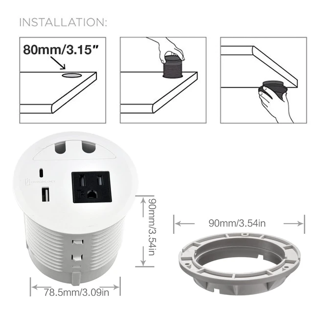 Alt view image 2 of 7 - Desktop Power Grommet with 33W Fast Charging USB-A+C, with 1 AC Power Outlet and 4.5FT Extension Cord Recessed Power Outlet for Conference Rooms, Office Tables, Furniture (White)