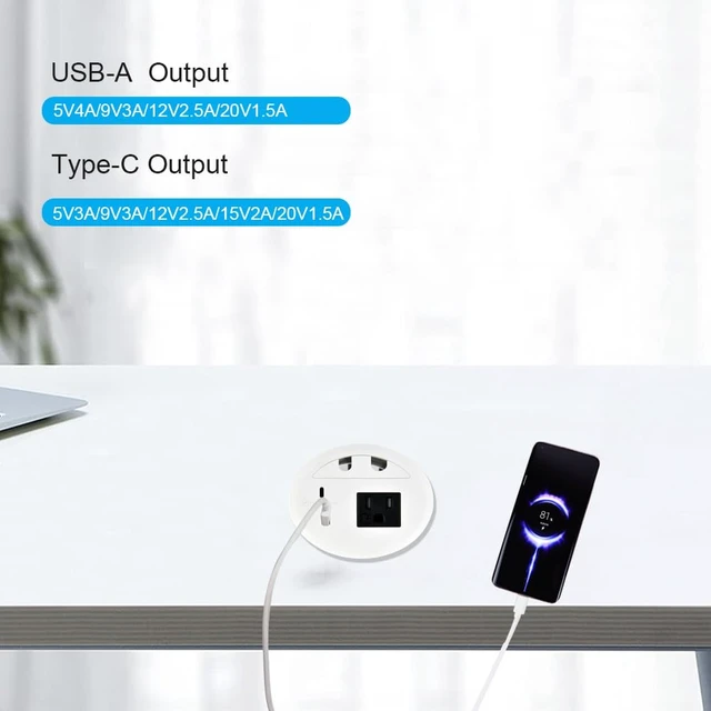 Alt view image 3 of 7 - Desktop Power Grommet with 33W Fast Charging USB-A+C, with 1 AC Power Outlet and 4.5FT Extension Cord Recessed Power Outlet for Conference Rooms, Office Tables, Furniture (White)