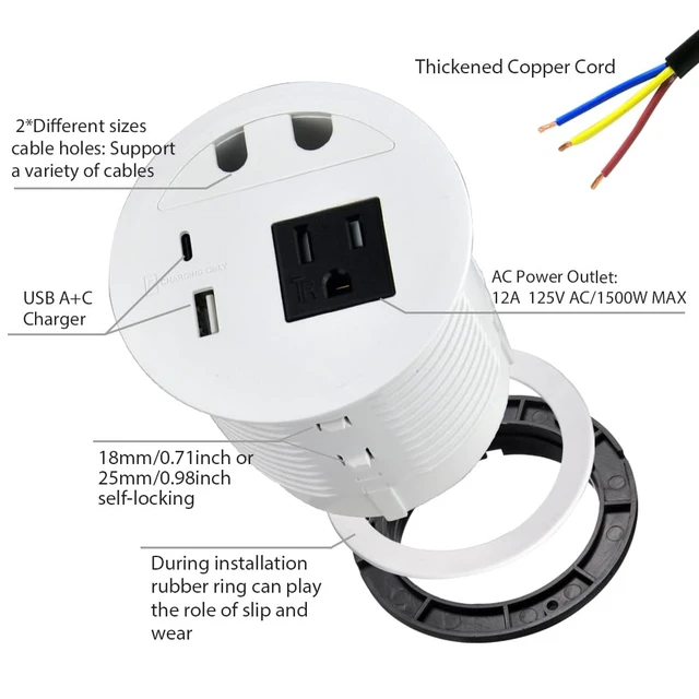Alt view image 4 of 7 - Desktop Power Grommet with 33W Fast Charging USB-A+C, with 1 AC Power Outlet and 4.5FT Extension Cord Recessed Power Outlet for Conference Rooms, Office Tables, Furniture (White)