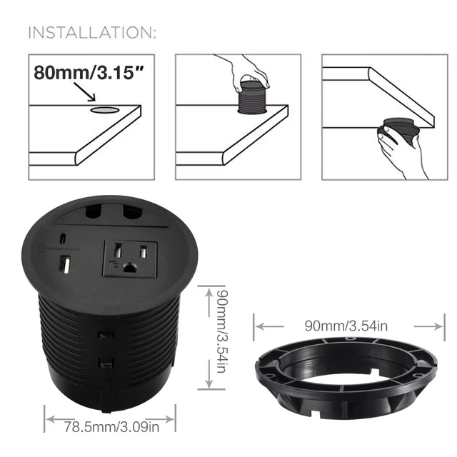 Alt view image 2 of 7 - Desktop Power Grommet with 33W USB-A+C Fast Charge & AC Outlet 4.5FT Cord Recessed Power Outlet for Conference Rooms, Office Tables, Furniture (Black)