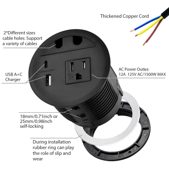 Alt view image 3 of 7 - Desktop Power Grommet with 33W USB-A+C Fast Charge & AC Outlet 4.5FT Cord Recessed Power Outlet for Conference Rooms, Office Tables, Furniture (Black)