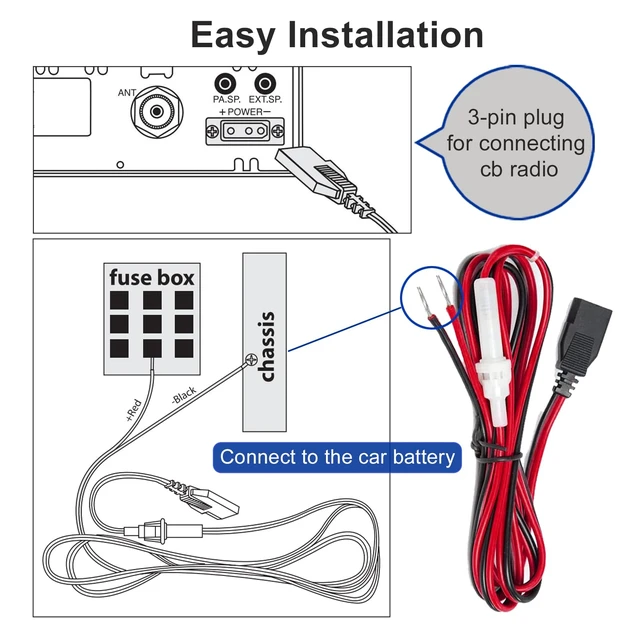 Alt view image 3 of 6 - 2-Wire CB Power Cable 3 Pin CB Power Cord with 15A Fuse Replacement CB Radio Power Cord for Cobra Uniden Midliand Galaxy Connex CB Ham Radio (1 Pack)