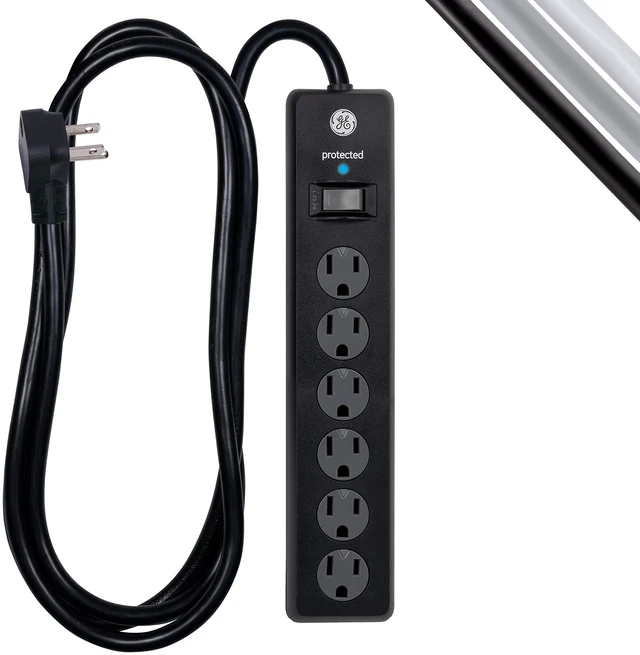 Main image of 6-Outlet Sur Protector, 2 Pack, 6 Ft Extension Cord, Power Strip, 800 Joules, Flat Plug, Twist-to-Close Safety Covers, Protected Indicator Light, UL Listed, Black, 54654