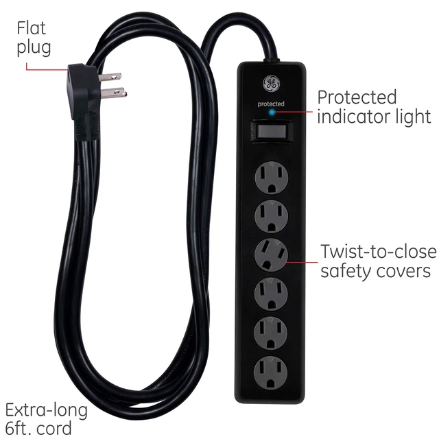 Alt view image 2 of 7 - 6-Outlet Sur Protector, 2 Pack, 6 Ft Extension Cord, Power Strip, 800 Joules, Flat Plug, Twist-to-Close Safety Covers, Protected Indicator Light, UL Listed, Black, 54654