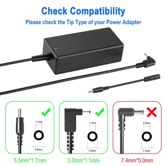 Alt view image 3 of 7 - 65W 19V3.42A Laptop Charger N15Q8 N15Q9 Compatible with Acer Aspire 1 3 5, 2 Tips 3.0x1.1mm & 5.5x1.7mm A514-54 A515-43 A515-44 A515-45 A515-46 A515-54 A515-55 A515-56 A315-24P A315-58 A315-59 A315-23